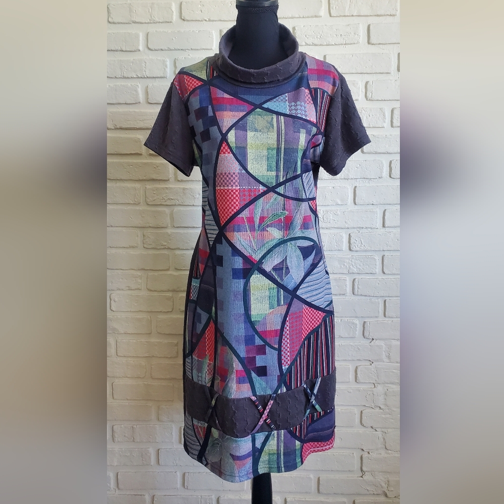 Smash! Abstract Patchwork Midi Cowl Neck Sweater Dress Short Sleeves Boho Hippie